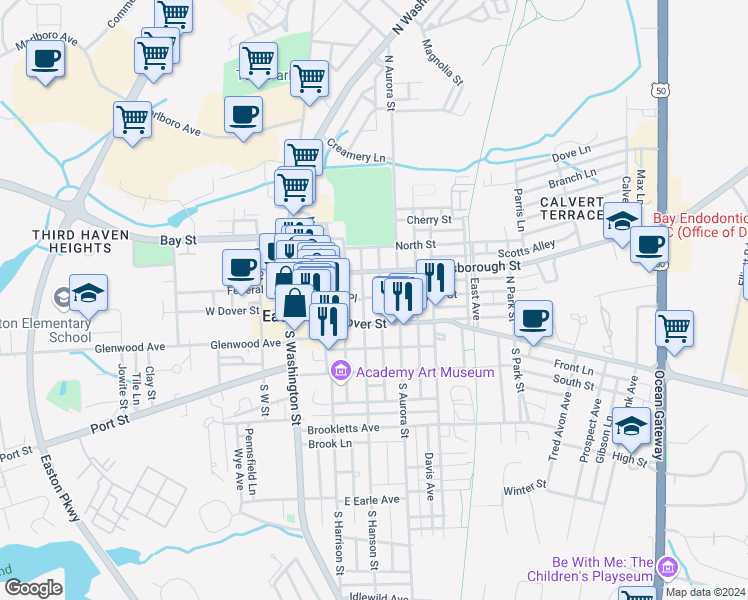 map of restaurants, bars, coffee shops, grocery stores, and more near 206 August Street in Easton