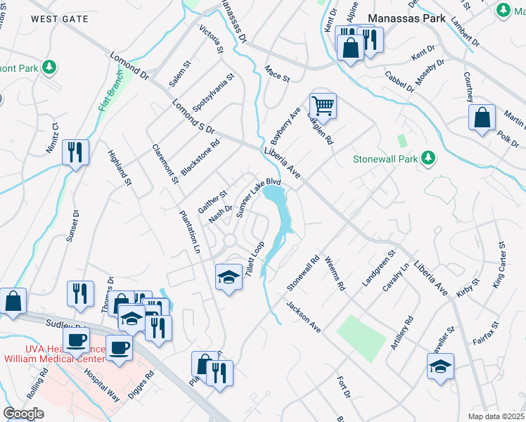 map of restaurants, bars, coffee shops, grocery stores, and more near 8311 Tillett Loop in Manassas
