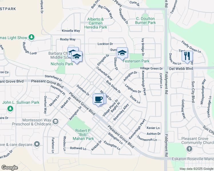 map of restaurants, bars, coffee shops, grocery stores, and more near 1073 Dennington Alley in Roseville
