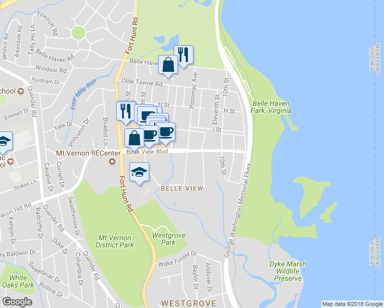 map of restaurants, bars, coffee shops, grocery stores, and more near 1305 Belle View Boulevard in Alexandria