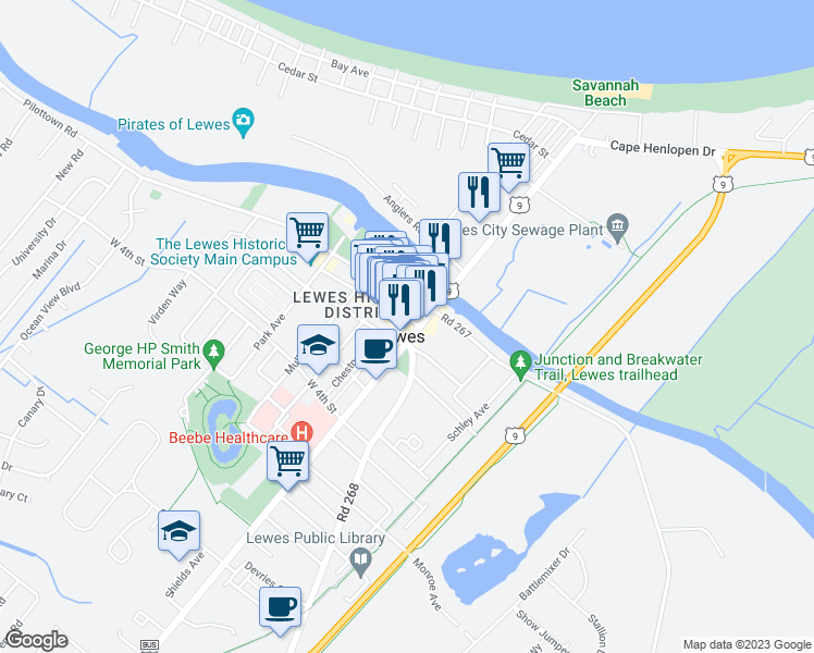 map of restaurants, bars, coffee shops, grocery stores, and more near 104 2nd Street in Lewes