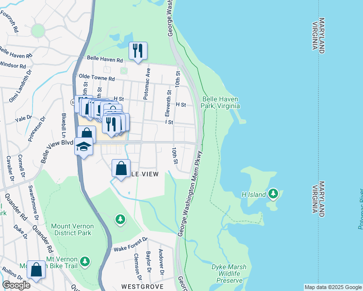 map of restaurants, bars, coffee shops, grocery stores, and more near 1105 Belle View Boulevard in Alexandria