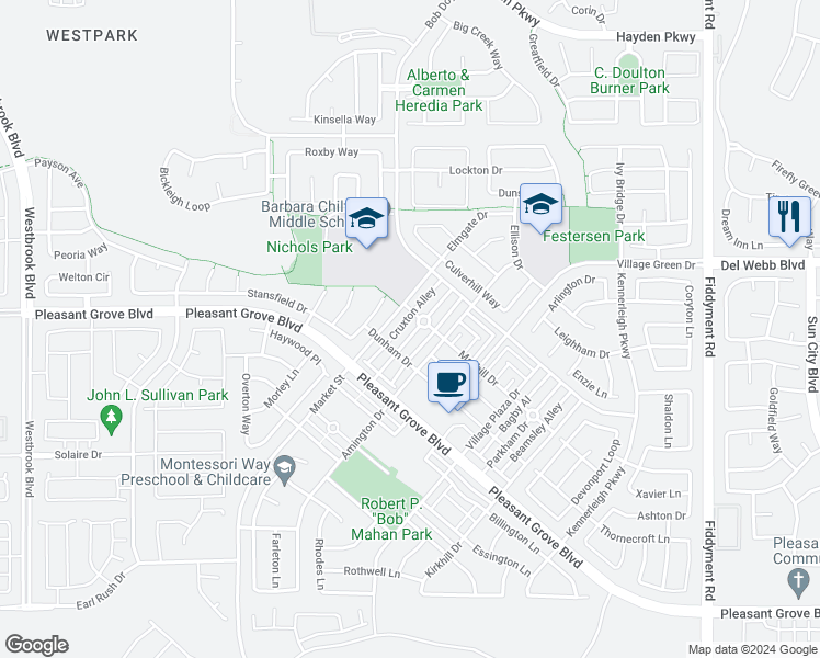 map of restaurants, bars, coffee shops, grocery stores, and more near 3121 Ardley Drive in Roseville
