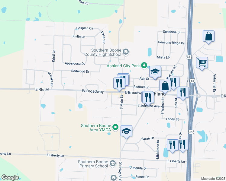 map of restaurants, bars, coffee shops, grocery stores, and more near 111 West Broadway in Ashland