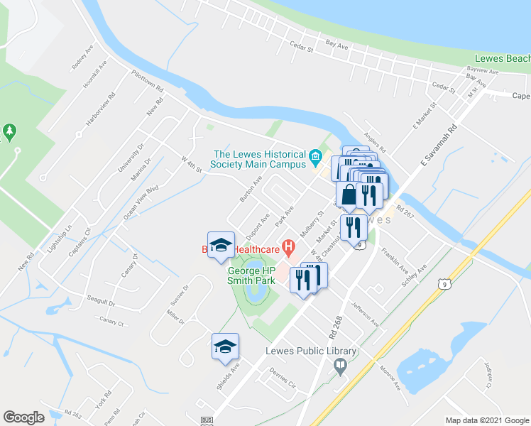 map of restaurants, bars, coffee shops, grocery stores, and more near 410 West 4th Street in Lewes