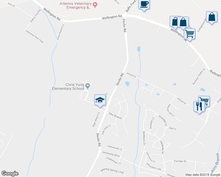map of restaurants, bars, coffee shops, grocery stores, and more near 8601 Placid Lake Court in Bristow