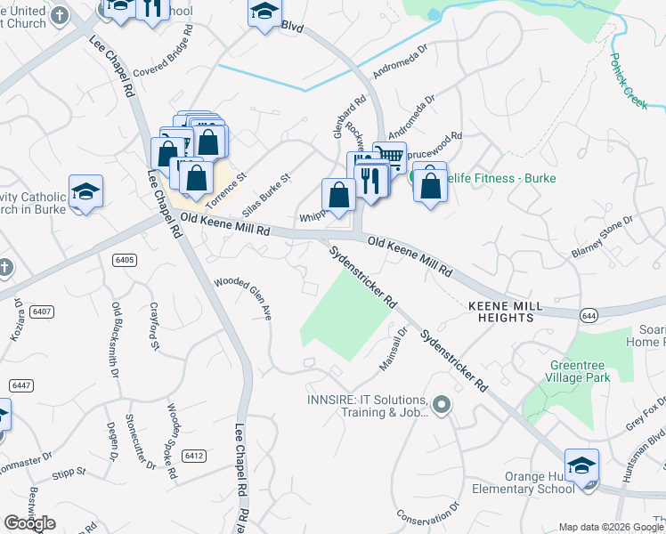 map of restaurants, bars, coffee shops, grocery stores, and more near 6450 Sydenstricker Road in Burke