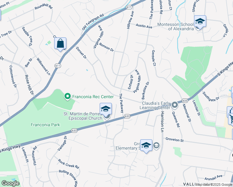 map of restaurants, bars, coffee shops, grocery stores, and more near 6609 Dorset Drive in Alexandria