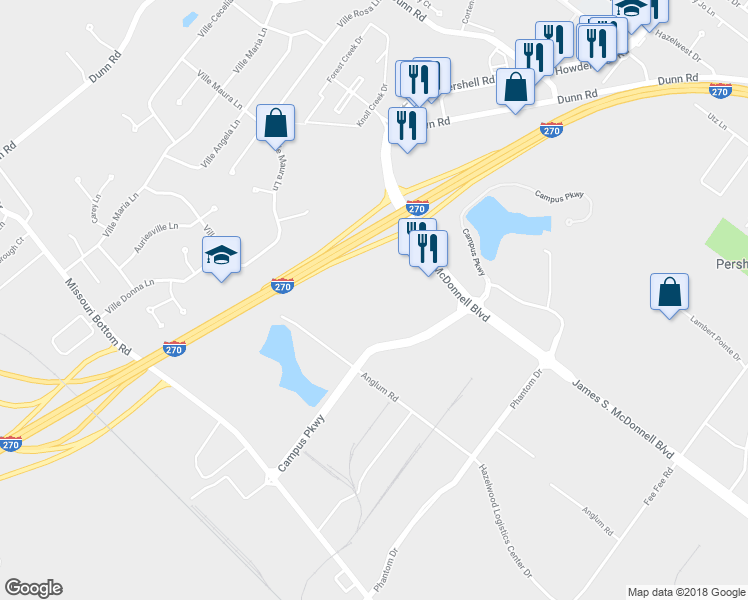 map of restaurants, bars, coffee shops, grocery stores, and more near 5775 Campus Parkway in Hazelwood
