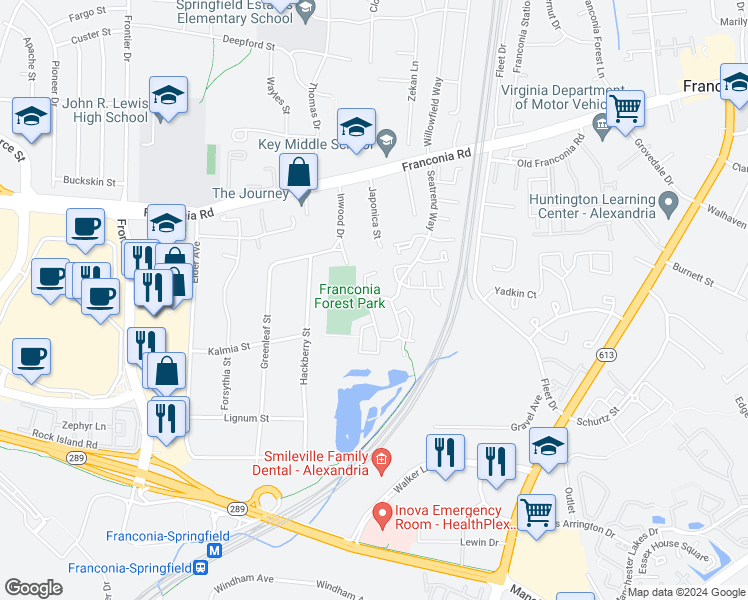 map of restaurants, bars, coffee shops, grocery stores, and more near 6300 Dakine Circle in Springfield