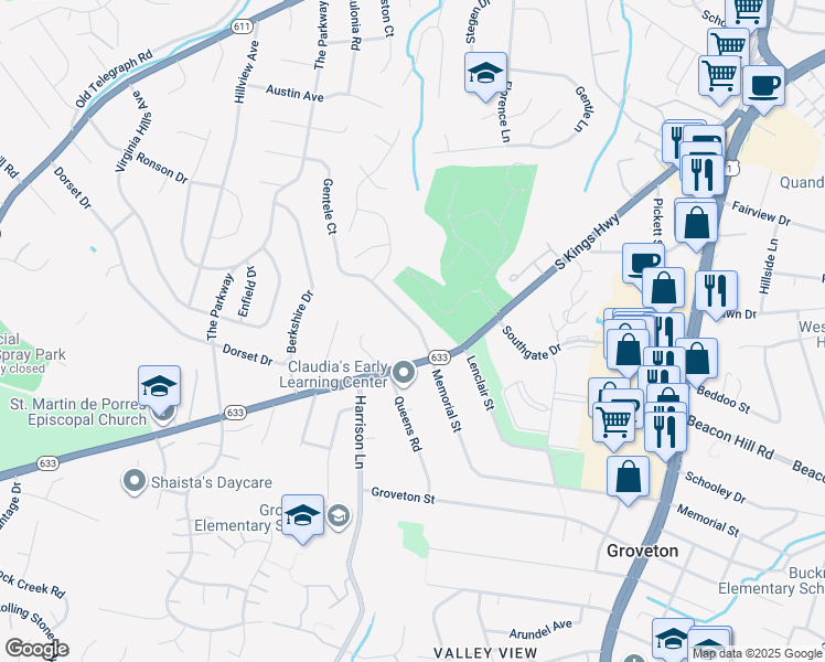 map of restaurants, bars, coffee shops, grocery stores, and more near 3509 Memorial Street in Alexandria