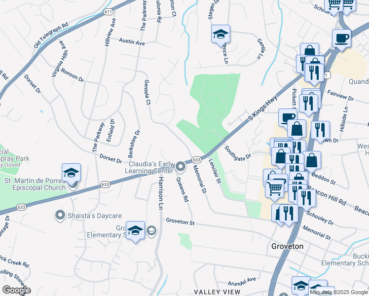 map of restaurants, bars, coffee shops, grocery stores, and more near 3509 Memorial Street in Alexandria