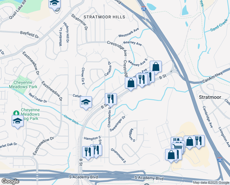 map of restaurants, bars, coffee shops, grocery stores, and more near 445 Loomis Avenue in Colorado Springs