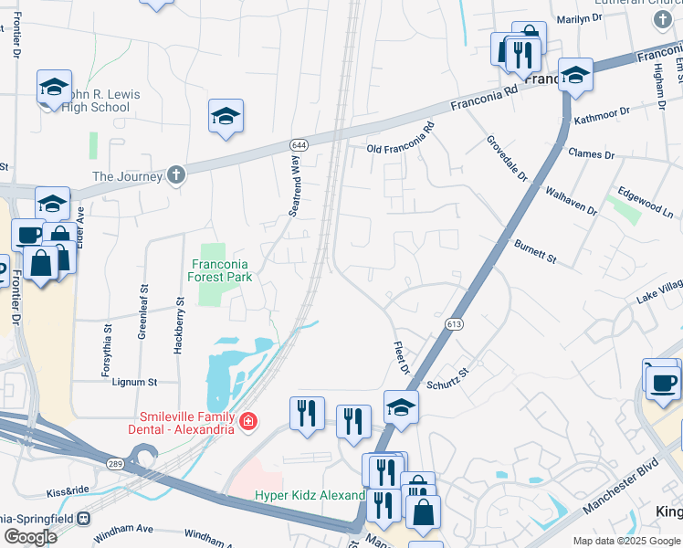 map of restaurants, bars, coffee shops, grocery stores, and more near 6596 Fleet Drive in Franconia