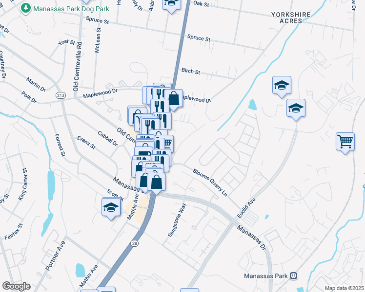 map of restaurants, bars, coffee shops, grocery stores, and more near 8355 Leighlex Court in Manassas