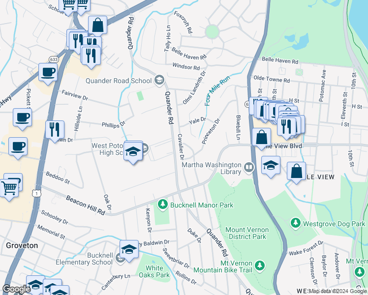 map of restaurants, bars, coffee shops, grocery stores, and more near 6601 Cavalier Drive in Alexandria