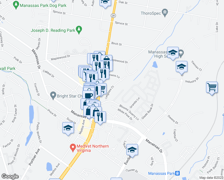 map of restaurants, bars, coffee shops, grocery stores, and more near 8355 Leighlex Court in Manassas