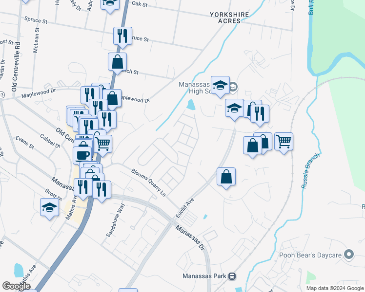 map of restaurants, bars, coffee shops, grocery stores, and more near 8121 Hard Shale Road in Manassas