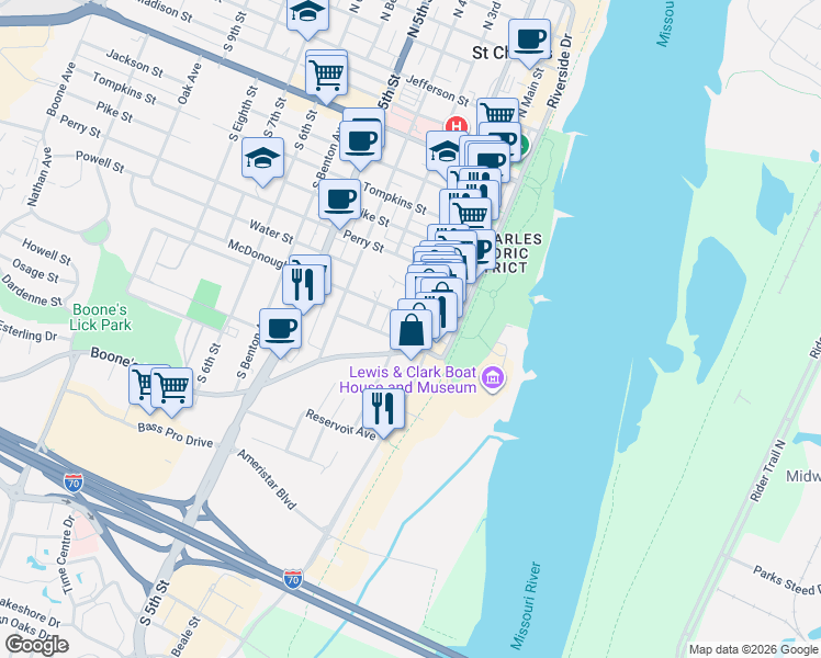 map of restaurants, bars, coffee shops, grocery stores, and more near 203 McDonough Street in Saint Charles