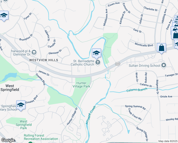 map of restaurants, bars, coffee shops, grocery stores, and more near 7611 Tiverton Drive in West Springfield