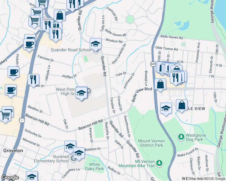 map of restaurants, bars, coffee shops, grocery stores, and more near 6601 Cavalier Drive in Alexandria
