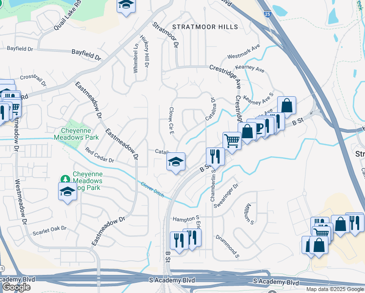map of restaurants, bars, coffee shops, grocery stores, and more near 582 Catalina Drive in Colorado Springs