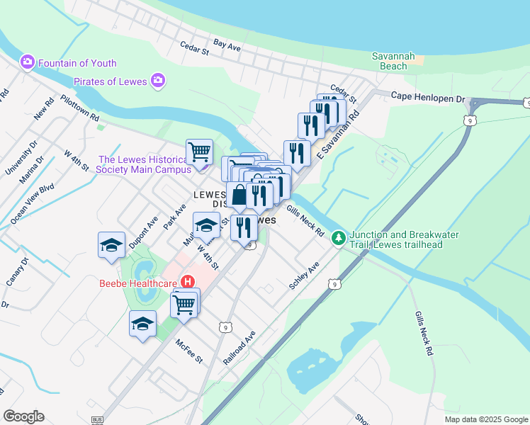 map of restaurants, bars, coffee shops, grocery stores, and more near 104 2nd Street in Lewes