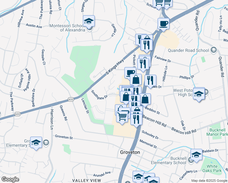 map of restaurants, bars, coffee shops, grocery stores, and more near 3100 Southgate Drive in Alexandria