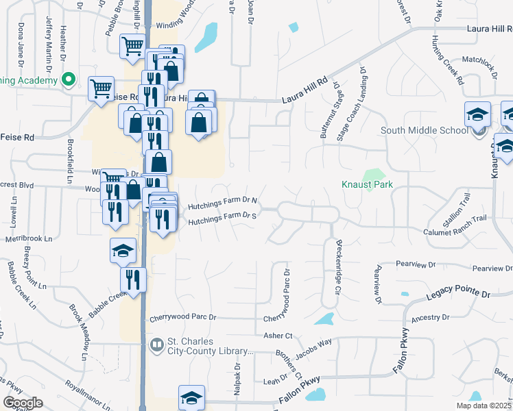 map of restaurants, bars, coffee shops, grocery stores, and more near 198 Hutchings Farm Drive North in Dardenne Prairie