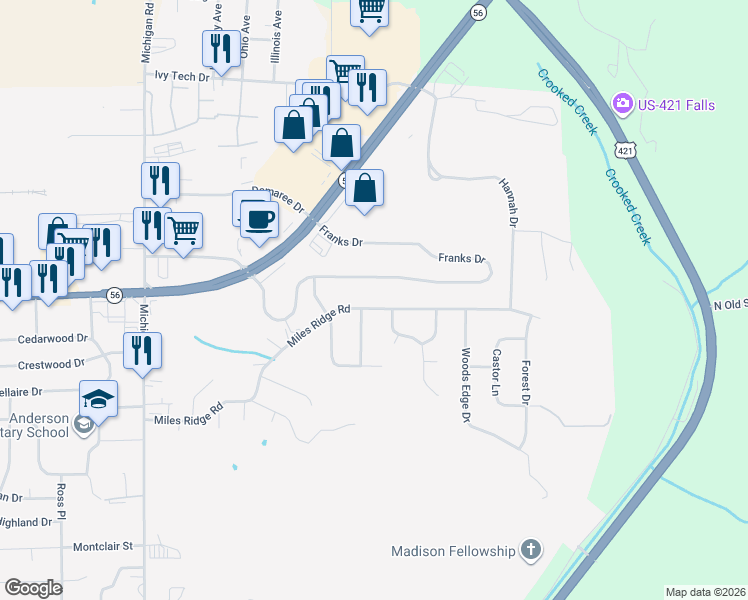 map of restaurants, bars, coffee shops, grocery stores, and more near 513 Miles Ridge Road in Madison