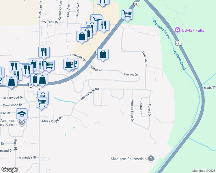 map of restaurants, bars, coffee shops, grocery stores, and more near 513 Miles Ridge Road in Madison