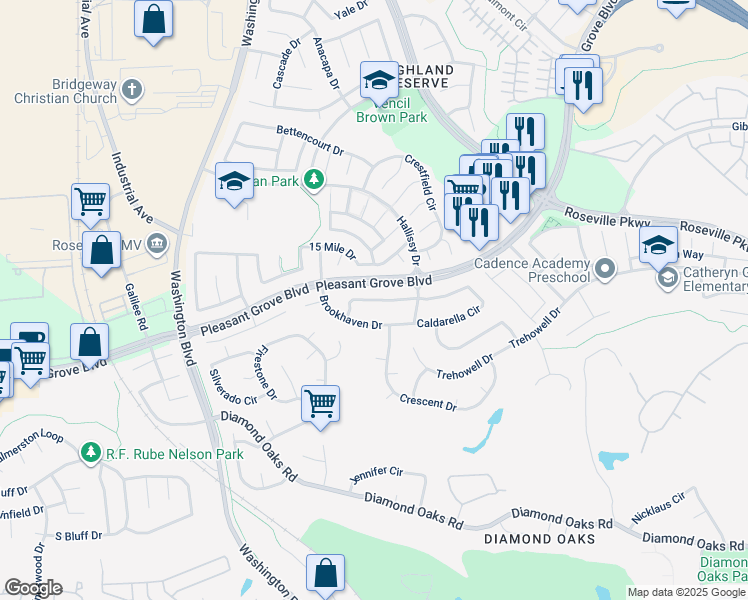 map of restaurants, bars, coffee shops, grocery stores, and more near 148 Valleywood Way in Roseville