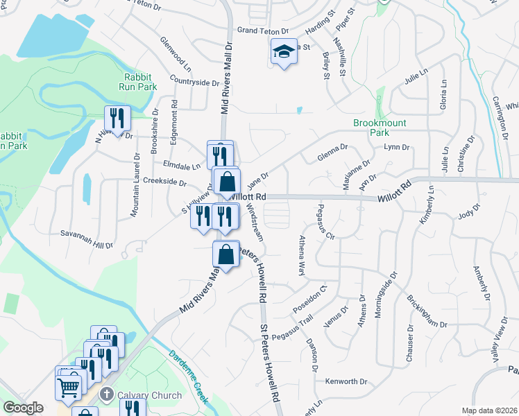 map of restaurants, bars, coffee shops, grocery stores, and more near 904 Breezeway Court in St. Peters