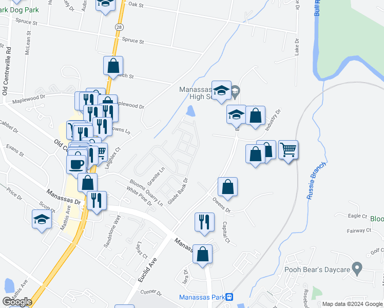 map of restaurants, bars, coffee shops, grocery stores, and more near 8244 Glade Bank Drive in Manassas