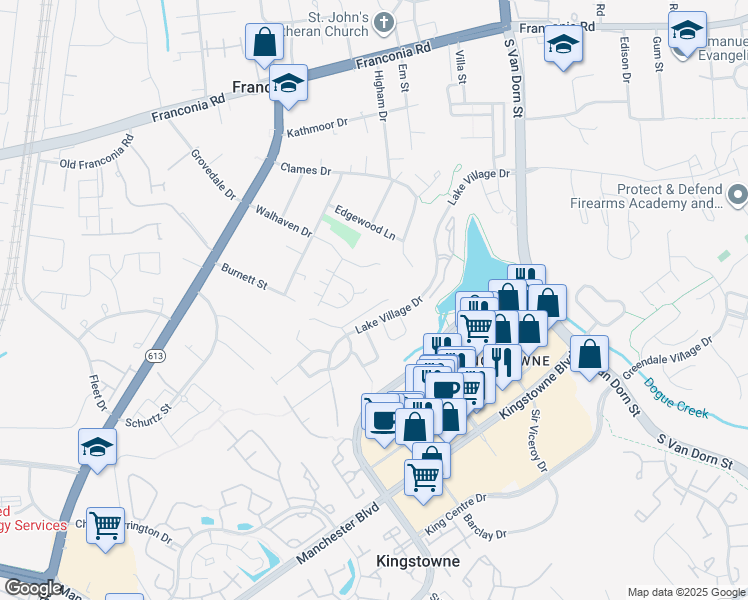 map of restaurants, bars, coffee shops, grocery stores, and more near 6010 Woodlake Lane in Alexandria