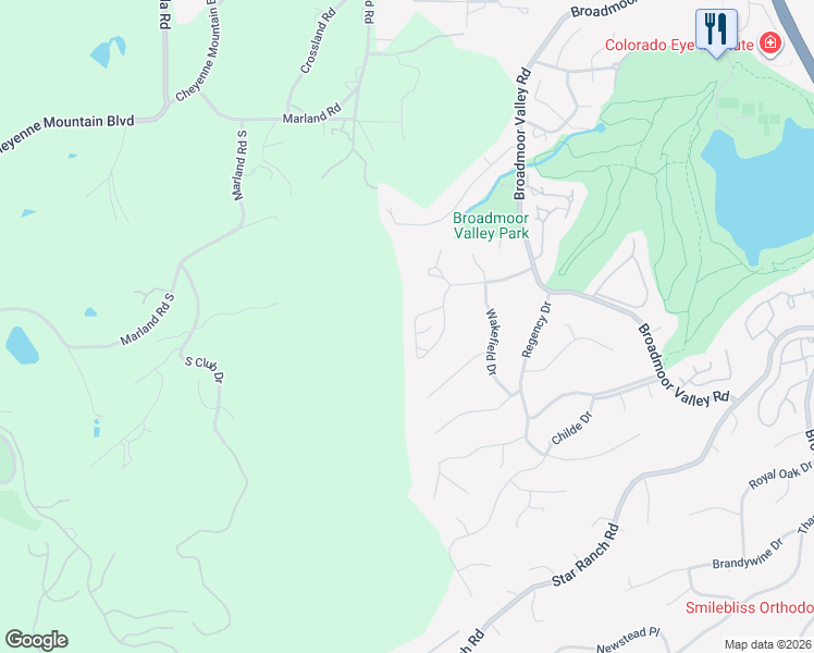 map of restaurants, bars, coffee shops, grocery stores, and more near 445 Roxbury Circle in Colorado Springs