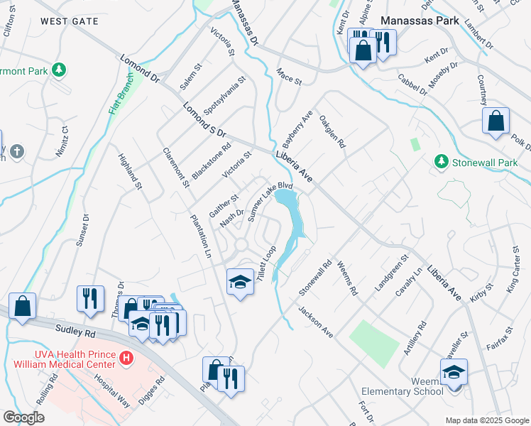 map of restaurants, bars, coffee shops, grocery stores, and more near 8305 Tillett Loop in Manassas