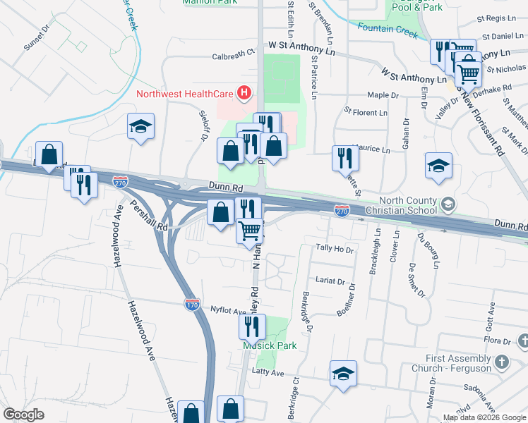 map of restaurants, bars, coffee shops, grocery stores, and more near N Hanley Rd in Hazelwood