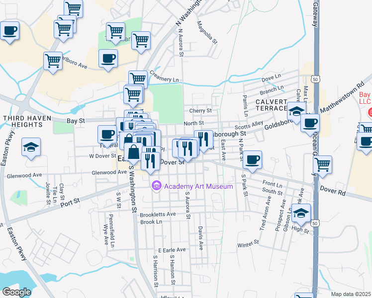 map of restaurants, bars, coffee shops, grocery stores, and more near 208 August Street in Easton