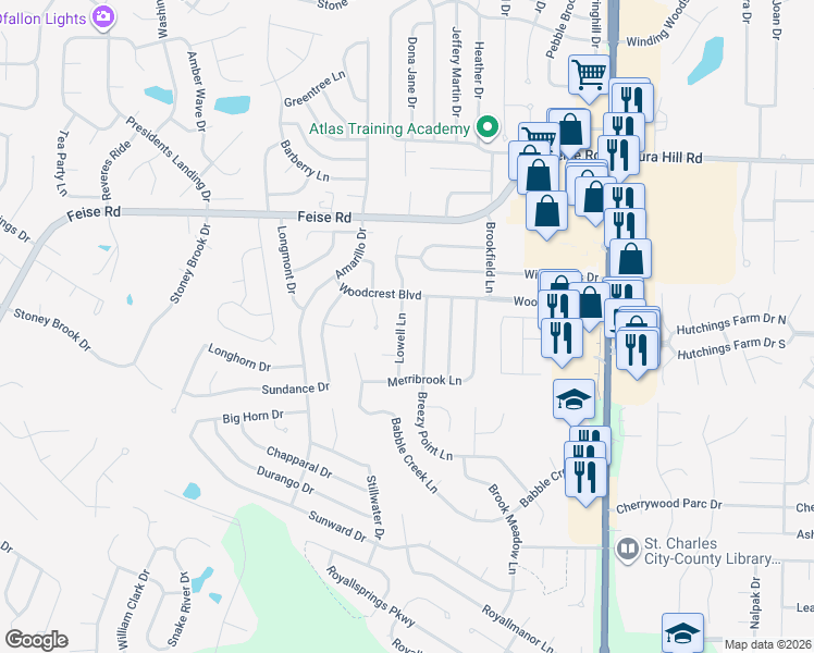 map of restaurants, bars, coffee shops, grocery stores, and more near 2418 Lowell Lane in O'Fallon