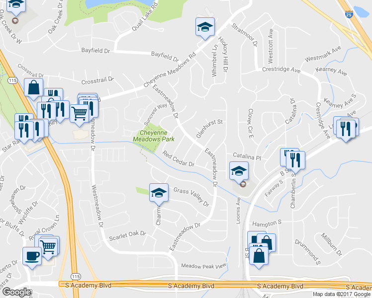 map of restaurants, bars, coffee shops, grocery stores, and more near 3940 Glenhurst Street in Colorado Springs