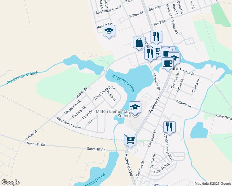 map of restaurants, bars, coffee shops, grocery stores, and more near 121 West Shore Drive in Milton