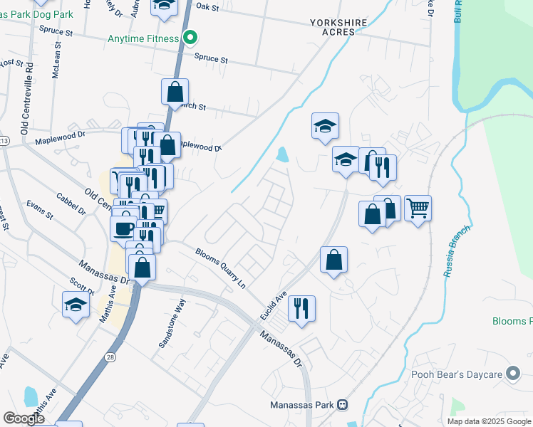 map of restaurants, bars, coffee shops, grocery stores, and more near 8125 Hard Shale Road in Manassas