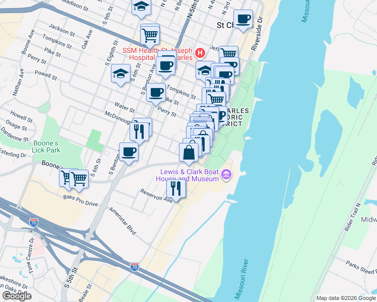 map of restaurants, bars, coffee shops, grocery stores, and more near 203 McDonough Street in Saint Charles