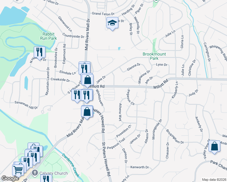 map of restaurants, bars, coffee shops, grocery stores, and more near 102 Willott Square Drive in St. Peters