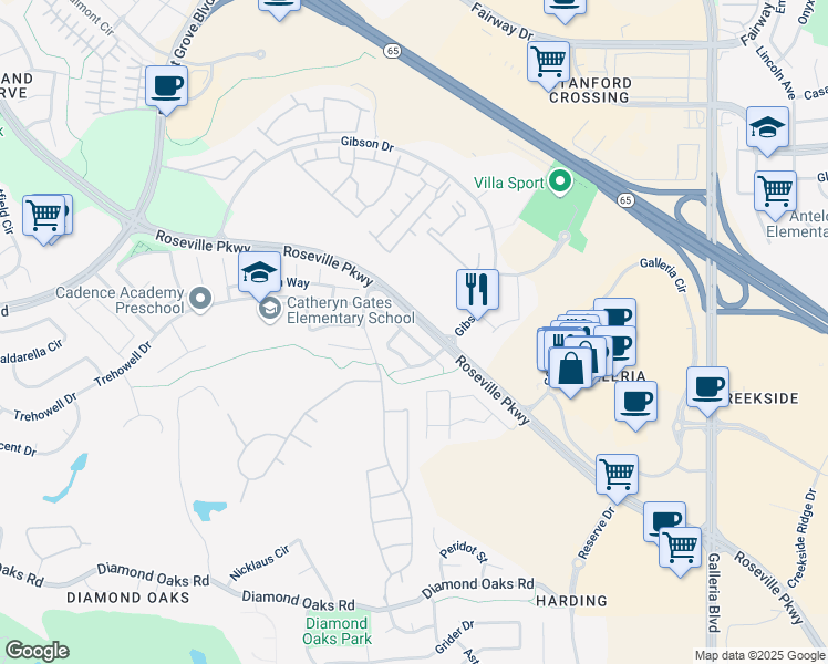 map of restaurants, bars, coffee shops, grocery stores, and more near 923 Keely Drive in Roseville