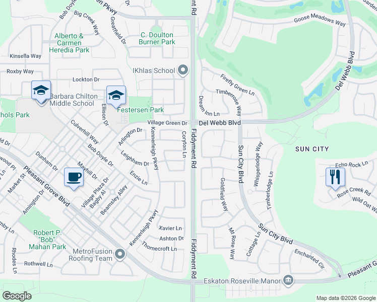 map of restaurants, bars, coffee shops, grocery stores, and more near 2233 Coryton Lane in Roseville