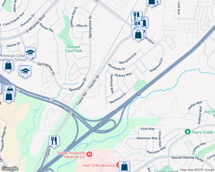 map of restaurants, bars, coffee shops, grocery stores, and more near 6335 Westwood Drive in Rocklin