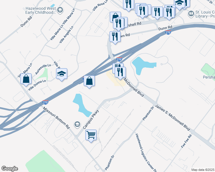 map of restaurants, bars, coffee shops, grocery stores, and more near 5775 Campus Parkway in Hazelwood