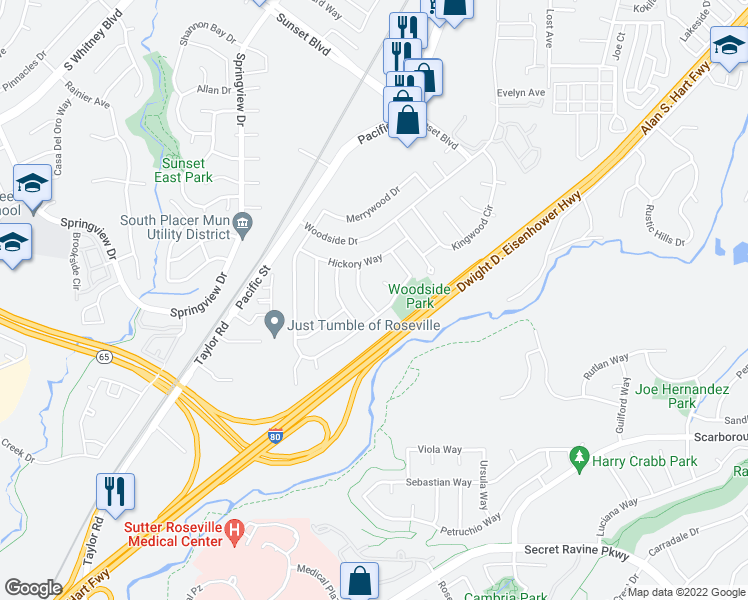 map of restaurants, bars, coffee shops, grocery stores, and more near 6533 Pinebrook Way in Rocklin